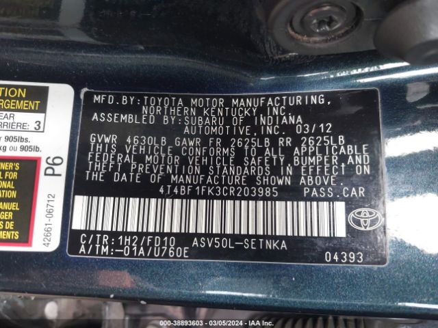 Photo 8 VIN: 4T4BF1FK3CR203985 - TOYOTA CAMRY 