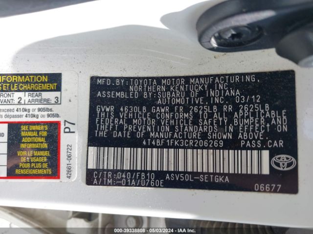 Photo 8 VIN: 4T4BF1FK3CR206269 - TOYOTA CAMRY 