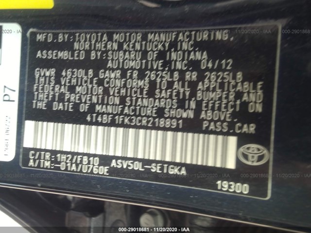 Photo 8 VIN: 4T4BF1FK3CR218891 - TOYOTA CAMRY 