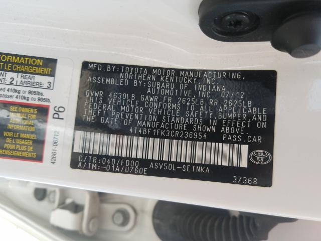 Photo 9 VIN: 4T4BF1FK3CR236954 - TOYOTA CAMRY BASE 