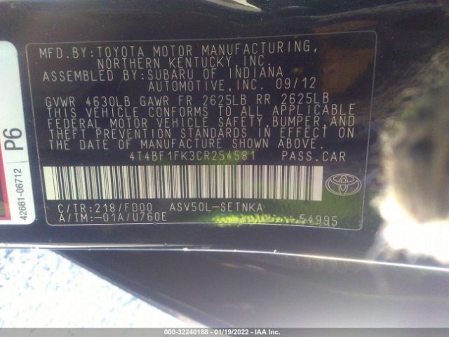 Photo 8 VIN: 4T4BF1FK3CR254581 - TOYOTA CAMRY 