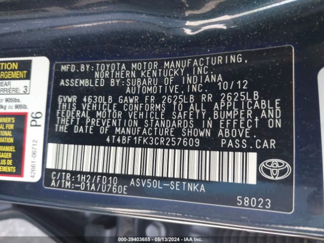 Photo 8 VIN: 4T4BF1FK3CR257609 - TOYOTA CAMRY 