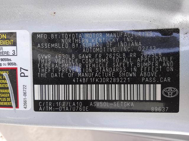 Photo 9 VIN: 4T4BF1FK3DR289221 - TOYOTA CAMRY L 