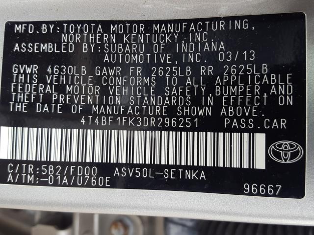 Photo 9 VIN: 4T4BF1FK3DR296251 - TOYOTA CAMRY L 