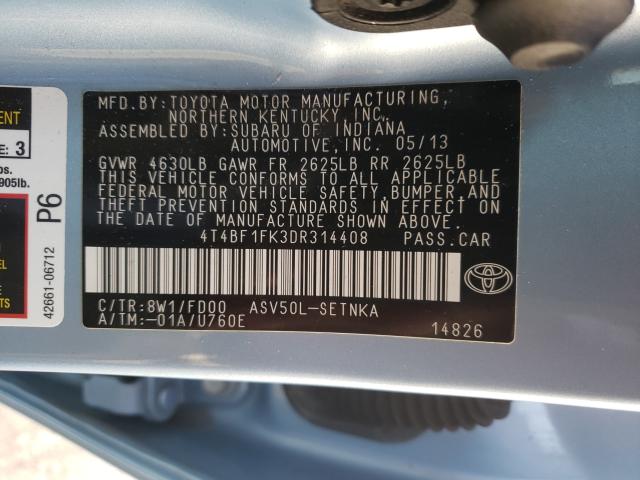 Photo 9 VIN: 4T4BF1FK3DR314408 - TOYOTA CAMRY L 