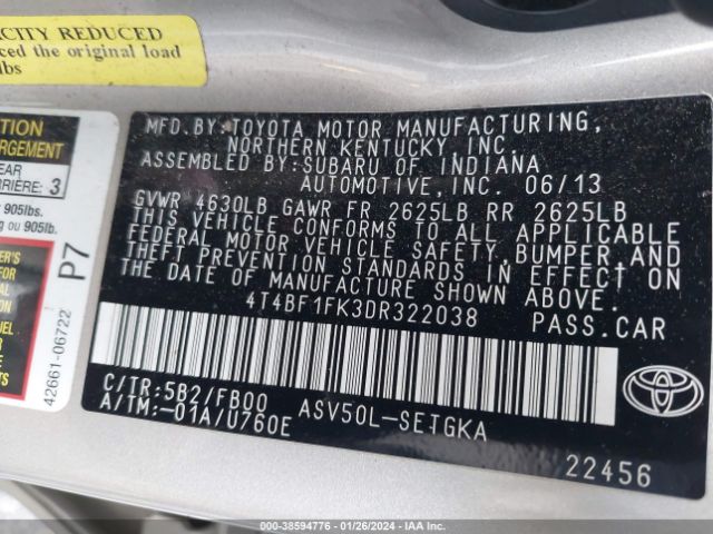 Photo 8 VIN: 4T4BF1FK3DR322038 - TOYOTA CAMRY 