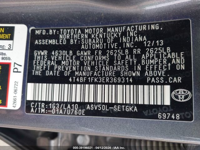 Photo 8 VIN: 4T4BF1FK3ER369314 - TOYOTA CAMRY 