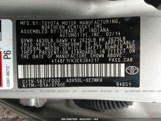 Photo 8 VIN: 4T4BF1FK3ER384217 - TOYOTA CAMRY 