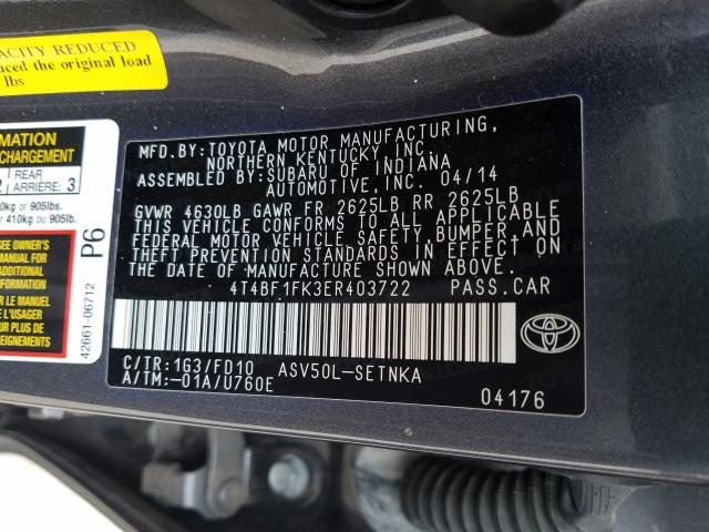 Photo 9 VIN: 4T4BF1FK3ER403722 - TOYOTA CAMRY L 