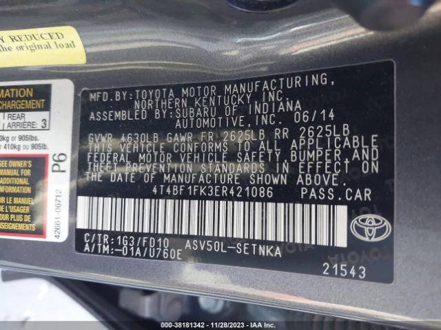 Photo 8 VIN: 4T4BF1FK3ER421086 - TOYOTA CAMRY 