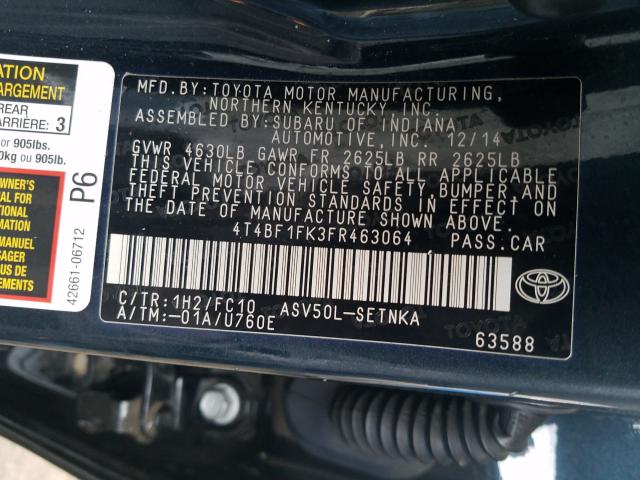 Photo 9 VIN: 4T4BF1FK3FR463064 - TOYOTA CAMRY LE 