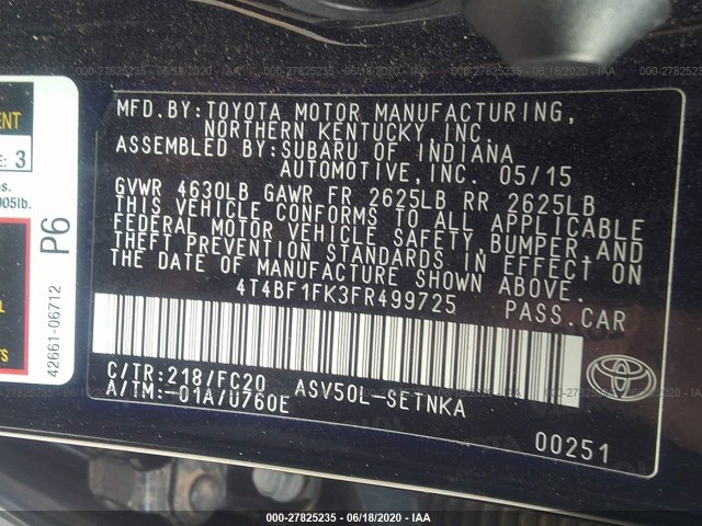 Photo 8 VIN: 4T4BF1FK3FR499725 - TOYOTA CAMRY 