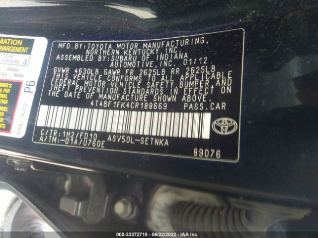 Photo 8 VIN: 4T4BF1FK4CR188669 - TOYOTA CAMRY 