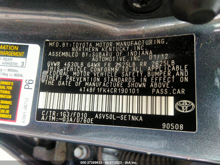 Photo 8 VIN: 4T4BF1FK4CR190101 - TOYOTA CAMRY 