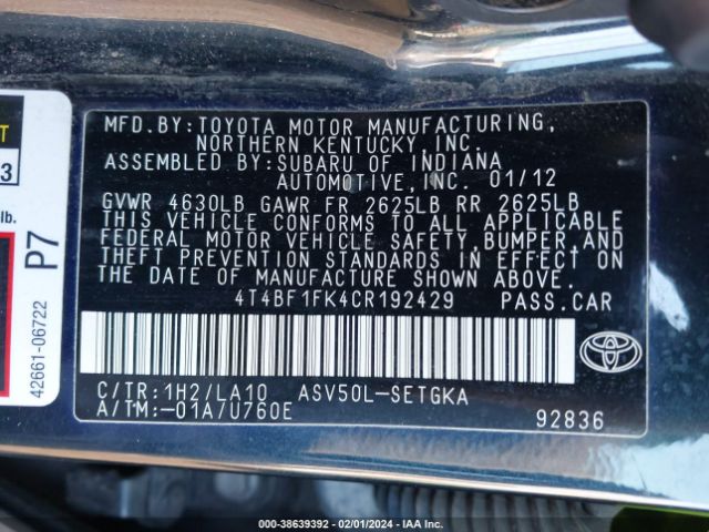 Photo 8 VIN: 4T4BF1FK4CR192429 - TOYOTA CAMRY 