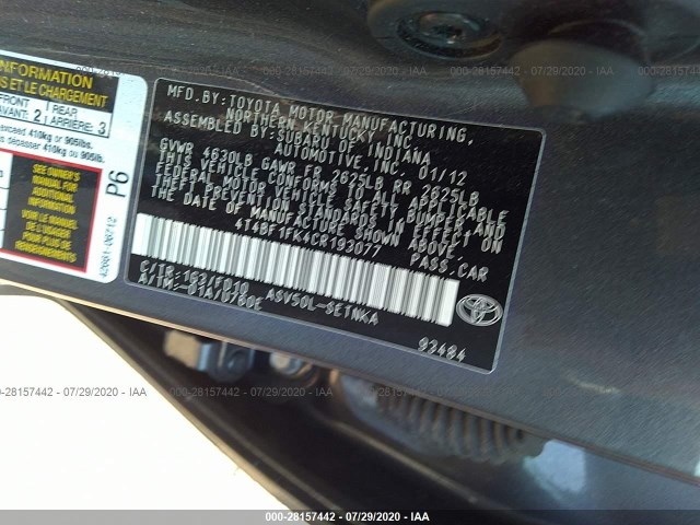 Photo 8 VIN: 4T4BF1FK4CR193077 - TOYOTA CAMRY 