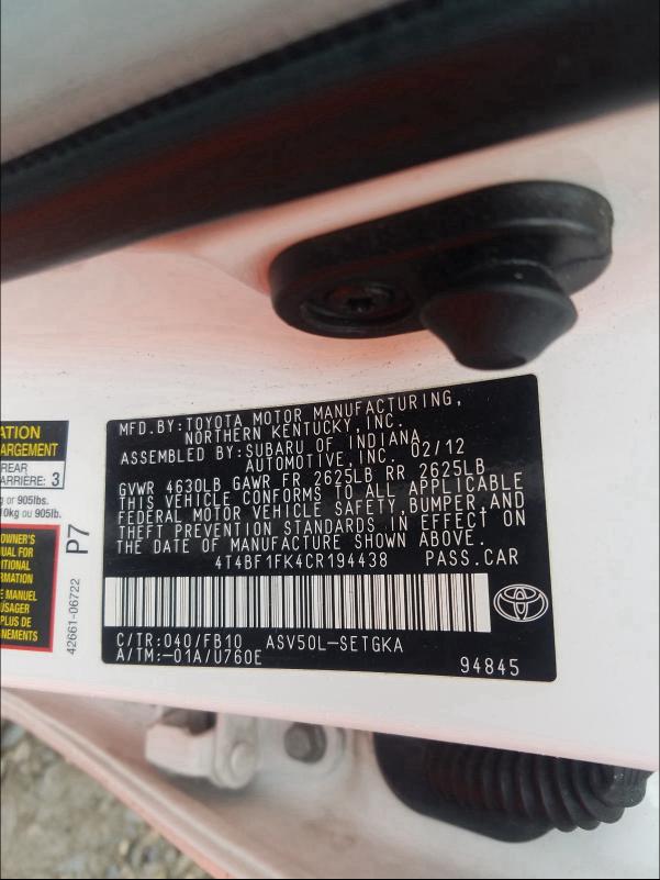 Photo 9 VIN: 4T4BF1FK4CR194438 - TOYOTA CAMRY BASE 