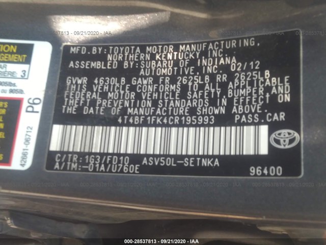 Photo 8 VIN: 4T4BF1FK4CR195993 - TOYOTA CAMRY 