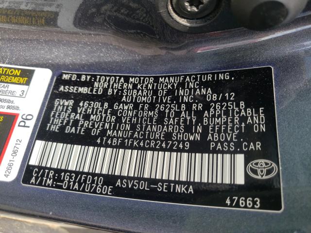 Photo 9 VIN: 4T4BF1FK4CR247249 - TOYOTA CAMRY BASE 