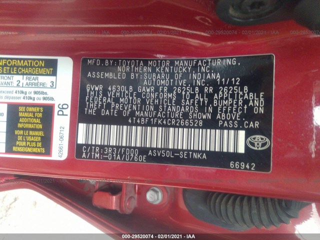 Photo 8 VIN: 4T4BF1FK4CR266528 - TOYOTA CAMRY 