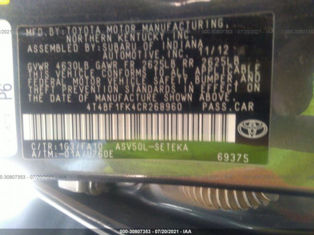 Photo 8 VIN: 4T4BF1FK4CR268960 - TOYOTA CAMRY 