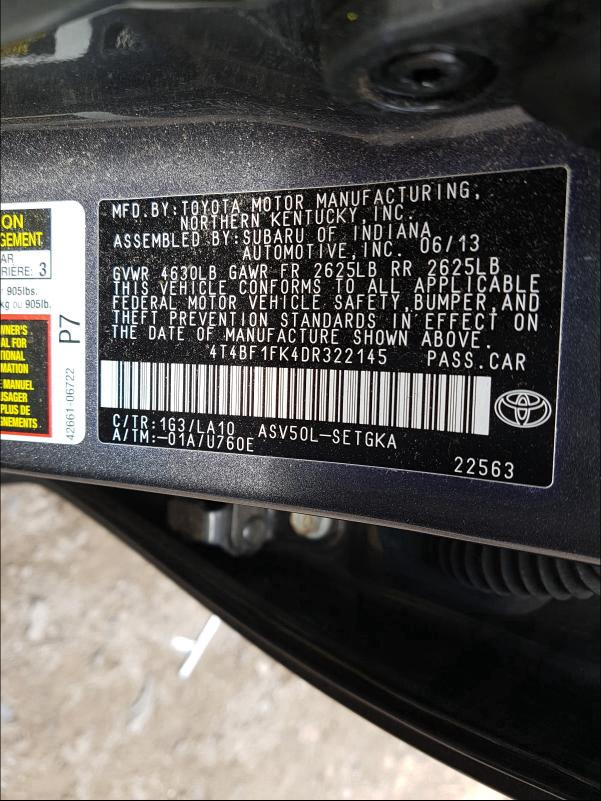 Photo 9 VIN: 4T4BF1FK4DR322145 - TOYOTA CAMRY L 