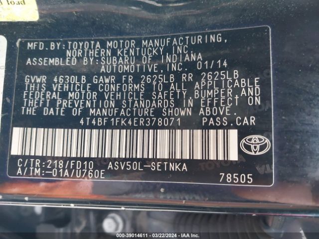 Photo 8 VIN: 4T4BF1FK4ER378071 - TOYOTA CAMRY 