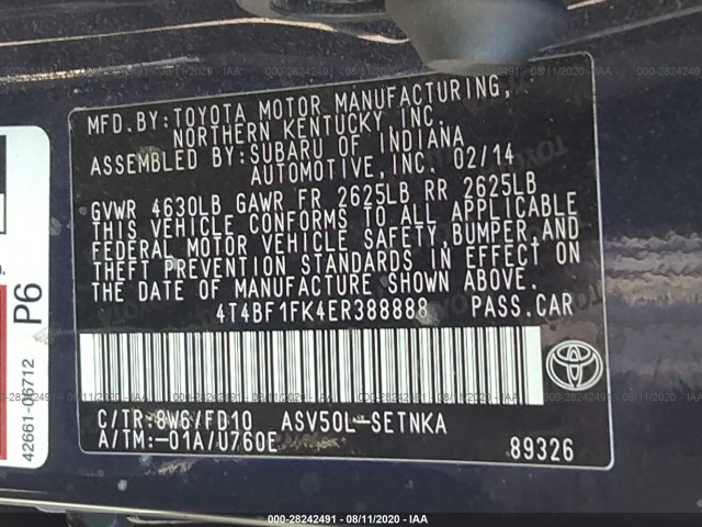 Photo 8 VIN: 4T4BF1FK4ER388888 - TOYOTA CAMRY 