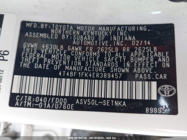 Photo 8 VIN: 4T4BF1FK4ER389457 - TOYOTA CAMRY 