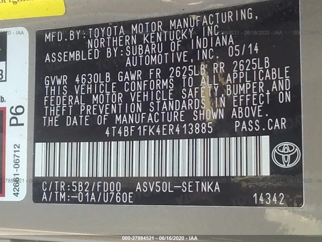 Photo 8 VIN: 4T4BF1FK4ER413885 - TOYOTA CAMRY 