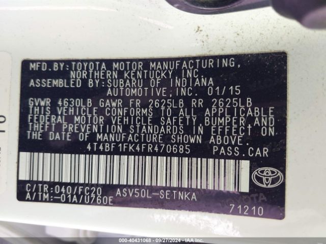 Photo 8 VIN: 4T4BF1FK4FR470685 - TOYOTA CAMRY 