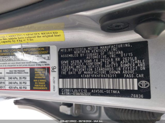 Photo 8 VIN: 4T4BF1FK4FR476311 - TOYOTA CAMRY 