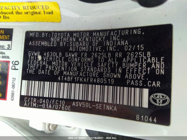 Photo 8 VIN: 4T4BF1FK4FR480519 - TOYOTA CAMRY 