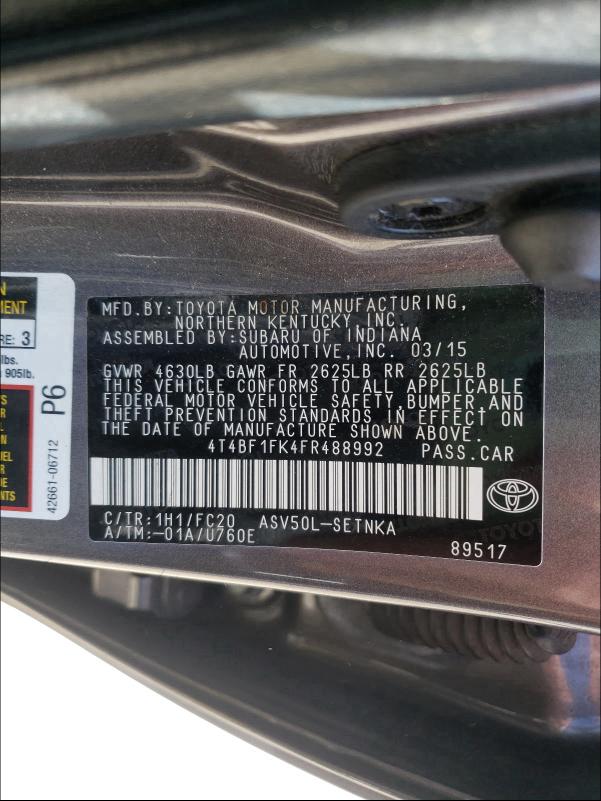 Photo 9 VIN: 4T4BF1FK4FR488992 - TOYOTA CAMRY LE 