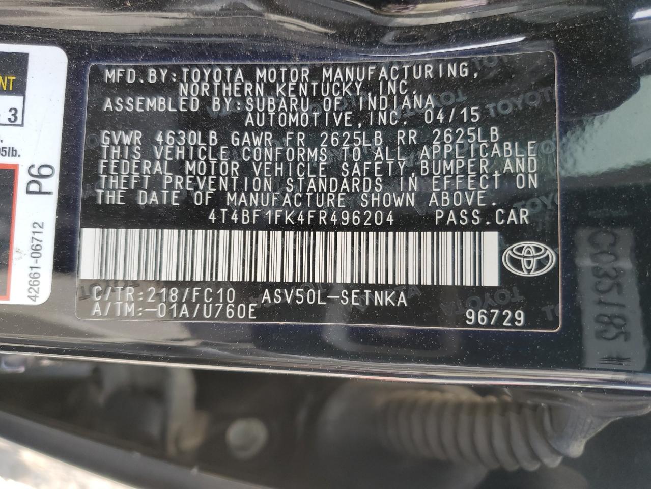 Photo 11 VIN: 4T4BF1FK4FR496204 - TOYOTA CAMRY 