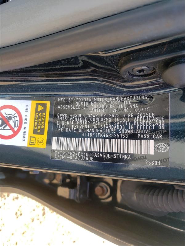 Photo 9 VIN: 4T4BF1FK4GR525153 - TOYOTA CAMRY LE 