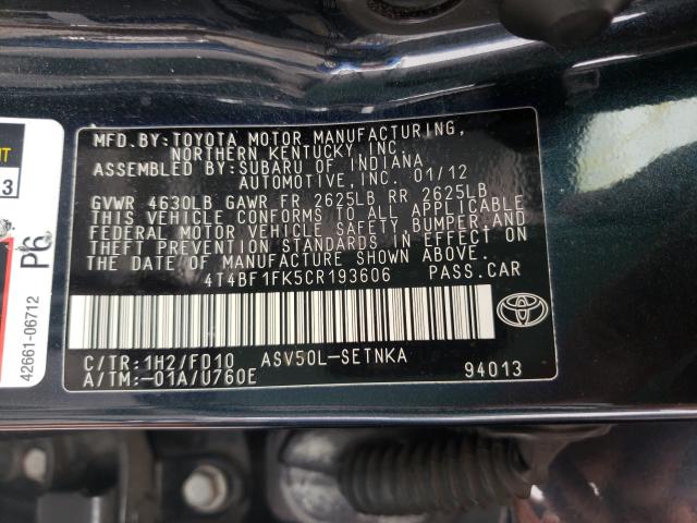 Photo 9 VIN: 4T4BF1FK5CR193606 - TOYOTA CAMRY BASE 