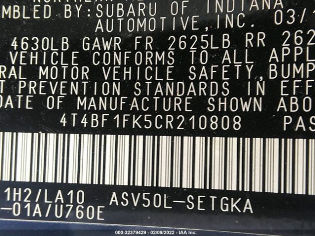 Photo 8 VIN: 4T4BF1FK5CR210808 - TOYOTA CAMRY 