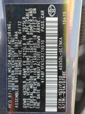 Photo 12 VIN: 4T4BF1FK5CR219010 - TOYOTA CAMRY BASE 