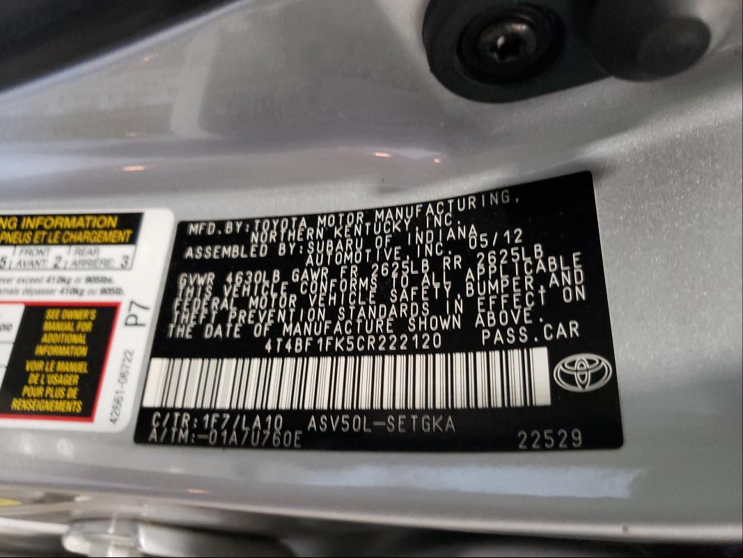 Photo 9 VIN: 4T4BF1FK5CR222120 - TOYOTA CAMRY BASE 