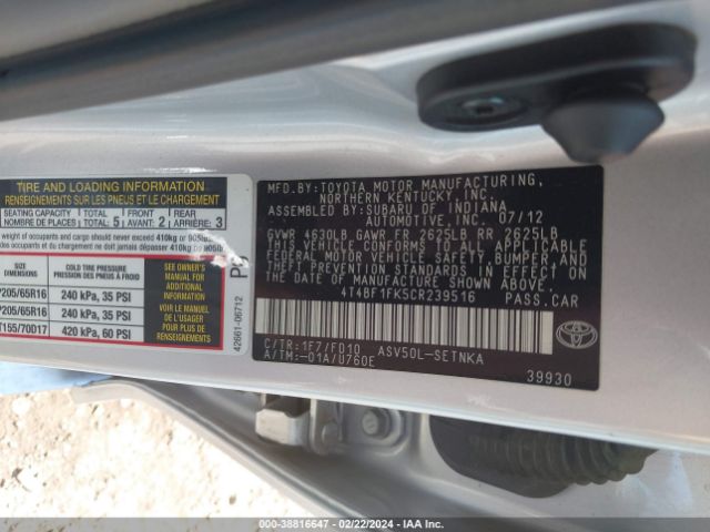 Photo 8 VIN: 4T4BF1FK5CR239516 - TOYOTA CAMRY 