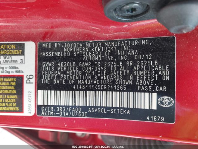 Photo 8 VIN: 4T4BF1FK5CR241265 - TOYOTA CAMRY 