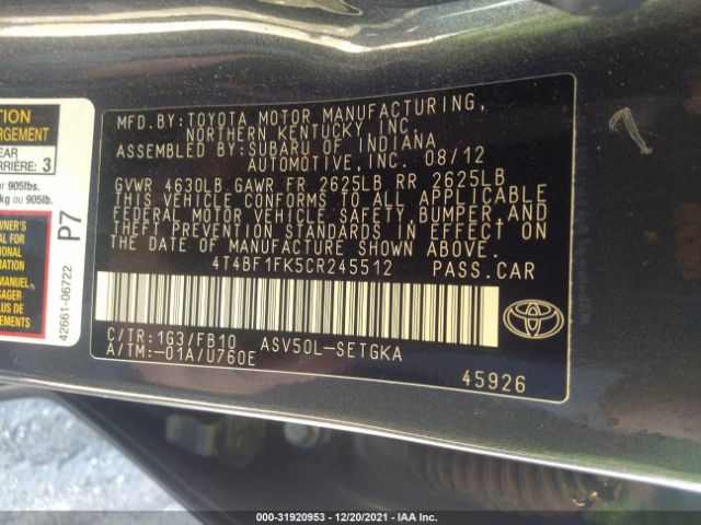 Photo 8 VIN: 4T4BF1FK5CR245512 - TOYOTA CAMRY 