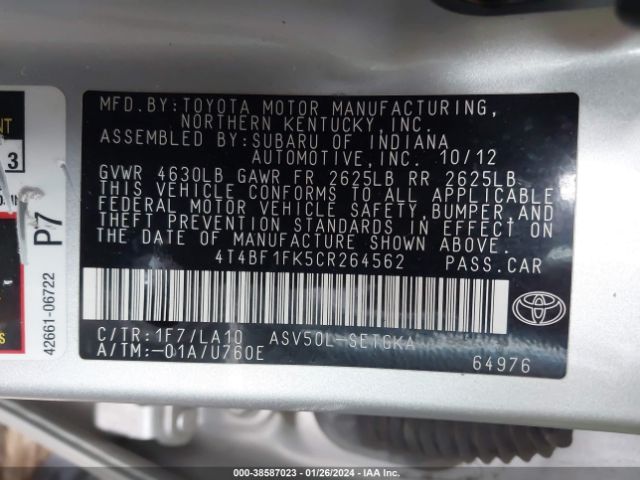 Photo 8 VIN: 4T4BF1FK5CR264562 - TOYOTA CAMRY 