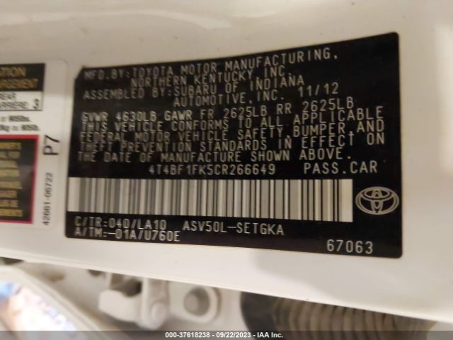 Photo 8 VIN: 4T4BF1FK5CR266649 - TOYOTA CAMRY 