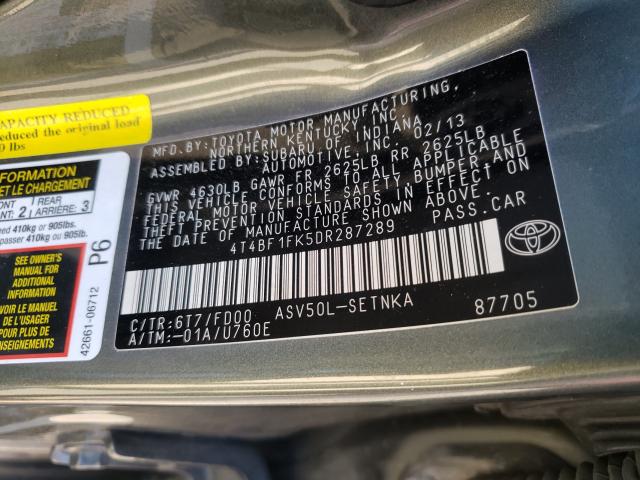 Photo 9 VIN: 4T4BF1FK5DR287289 - TOYOTA CAMRY L 