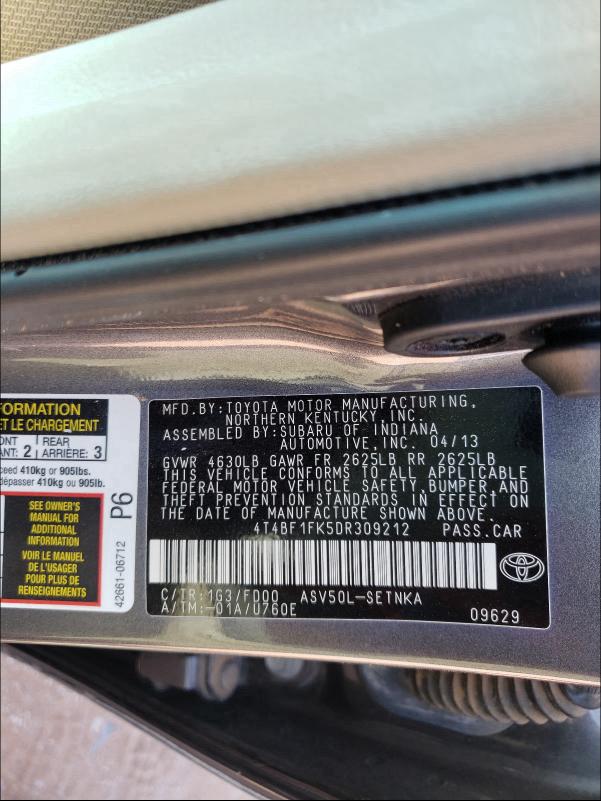 Photo 9 VIN: 4T4BF1FK5DR309212 - TOYOTA CAMRY L 