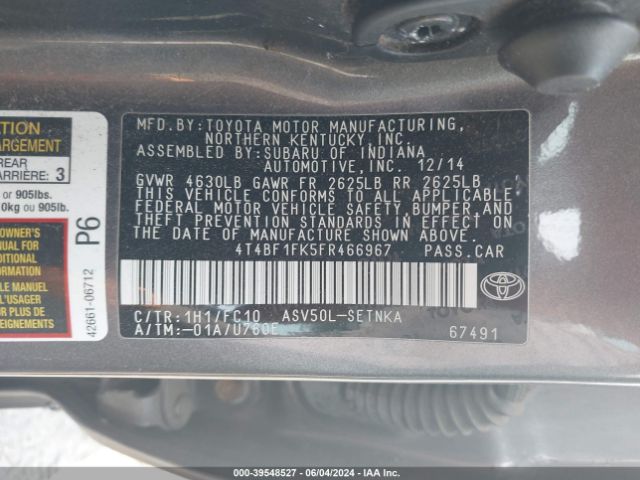 Photo 8 VIN: 4T4BF1FK5FR466967 - TOYOTA CAMRY 