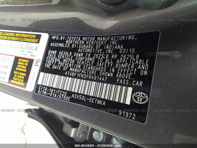 Photo 8 VIN: 4T4BF1FK5FR491447 - TOYOTA CAMRY 