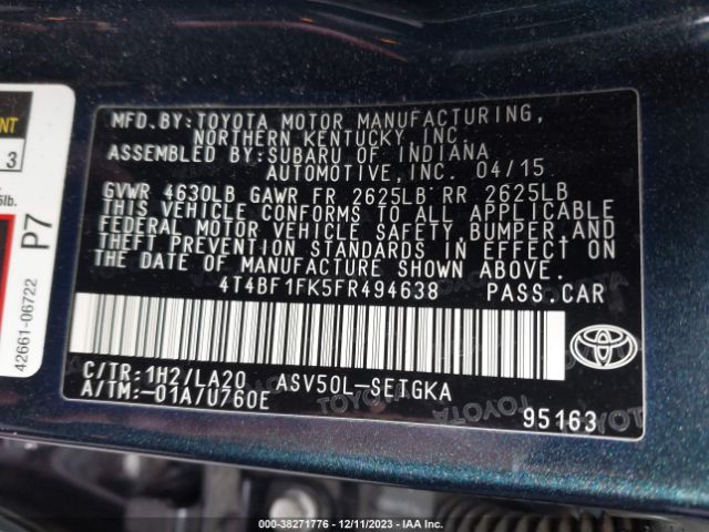 Photo 8 VIN: 4T4BF1FK5FR494638 - TOYOTA CAMRY 